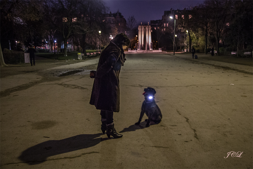  Madame Lili du 7ème promène son chien éclairé dans les allées du Champ de Mars. Au premier plan sur la photo, Madame Lili donne à son chien très attentif ses dernières recommandations avant la balade du soir. Au fond sur la photo, le Monument des Droits de l'Homme. À gauche et à deux pas d'ici la Tour Eiffel scintille de ses 20 000 étoiles. 